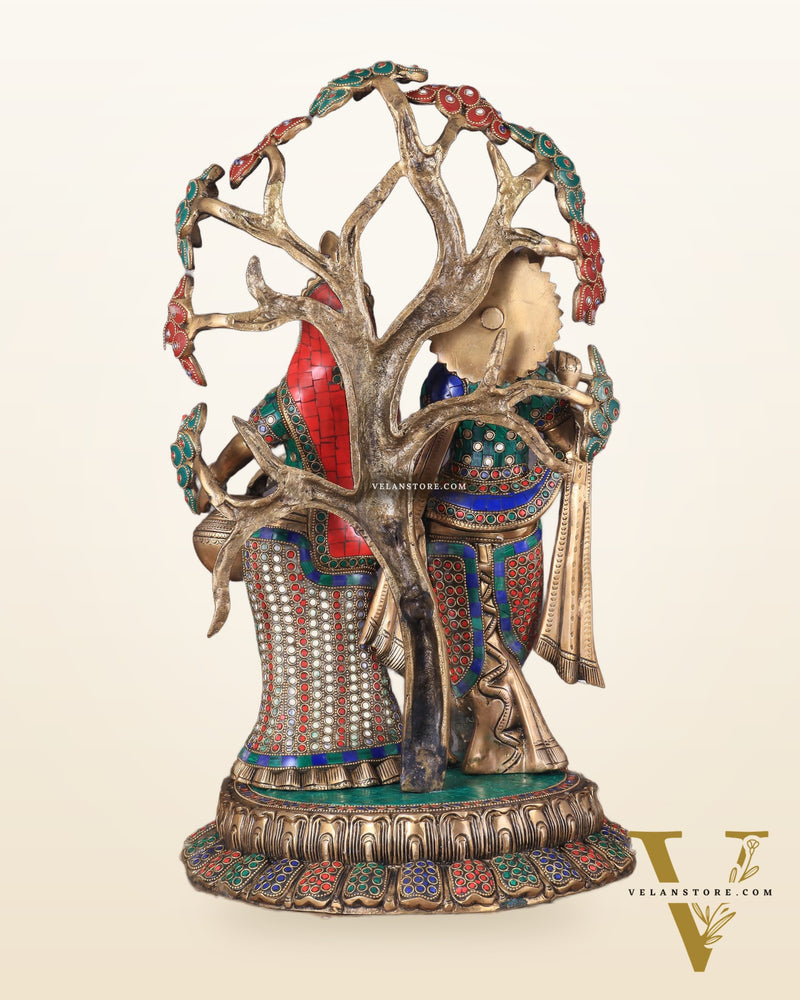 Radha Krishna Under Kadamba Tree | Superfine Brass Sculpture | 21 Inch Height with stonework