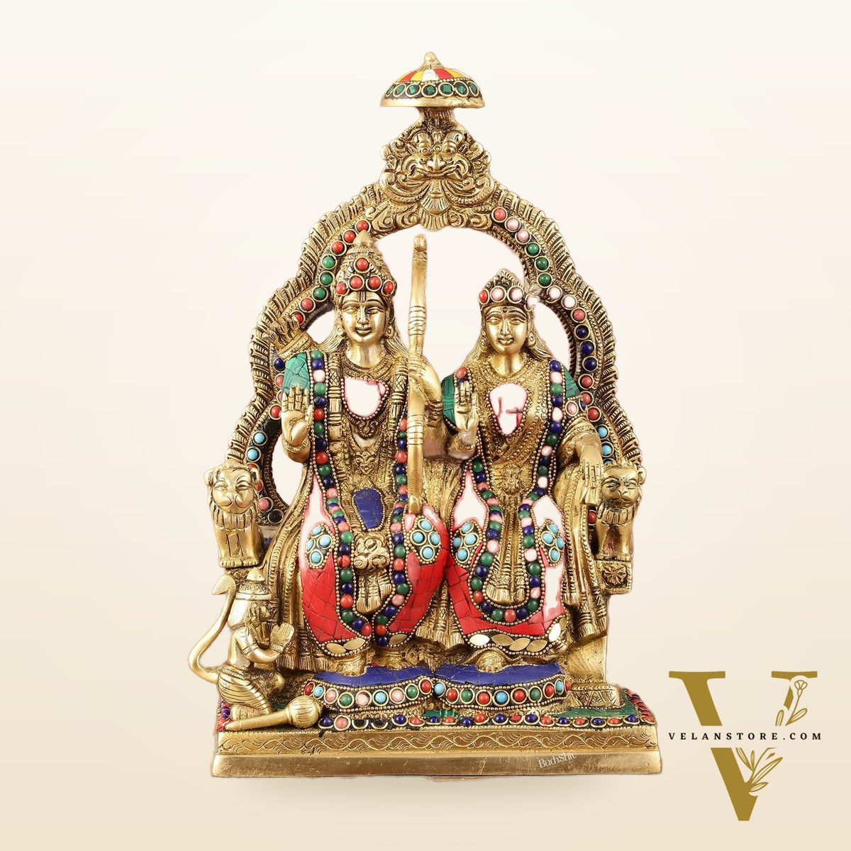 Rama, Sita, and Hanuman brass idol | 11" Height with stonework