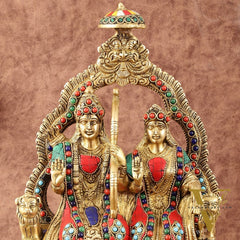 Rama, Sita, and Hanuman brass idol | 11" Height with stonework