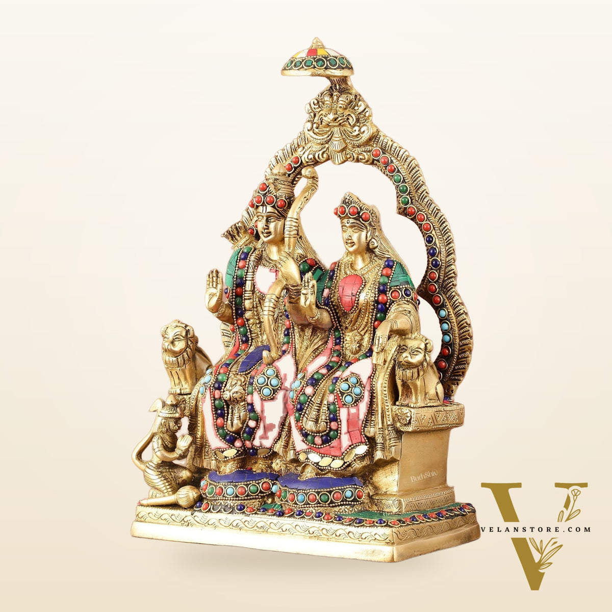 Rama, Sita, and Hanuman brass idol | 11" Height with stonework