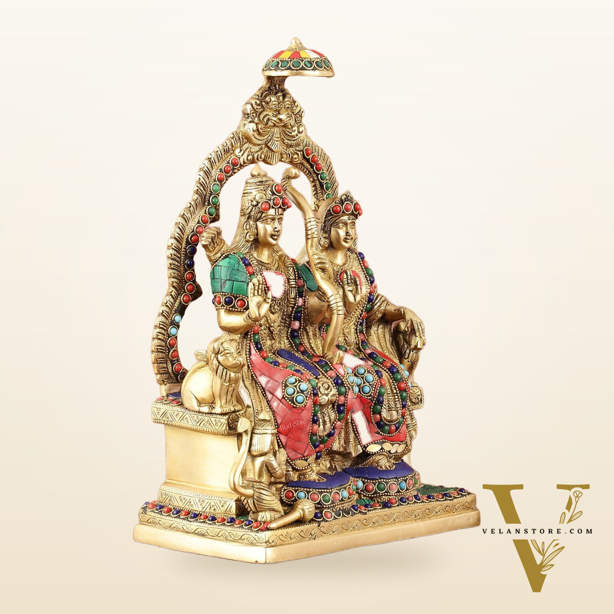 Rama, Sita, and Hanuman brass idol | 11" Height with stonework