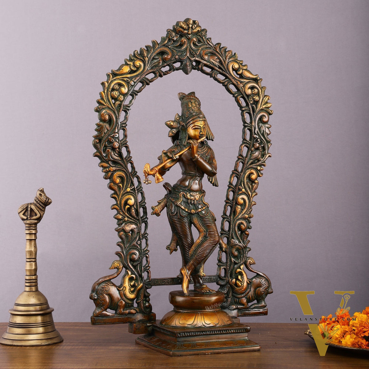 Rare Brass Lord Krishna with Prabhavali Majestic Sculpture 18"