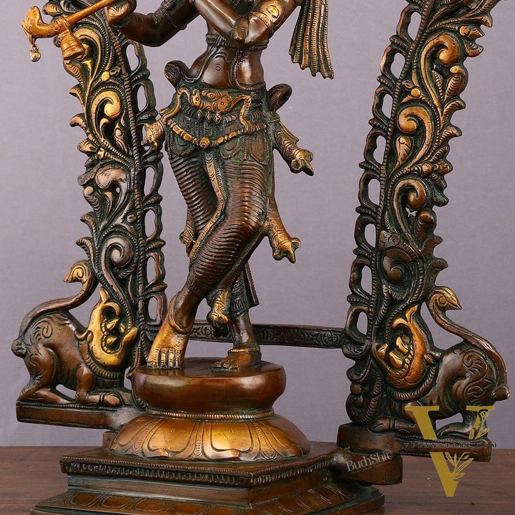 Rare Brass Lord Krishna with Prabhavali Majestic Sculpture 18"