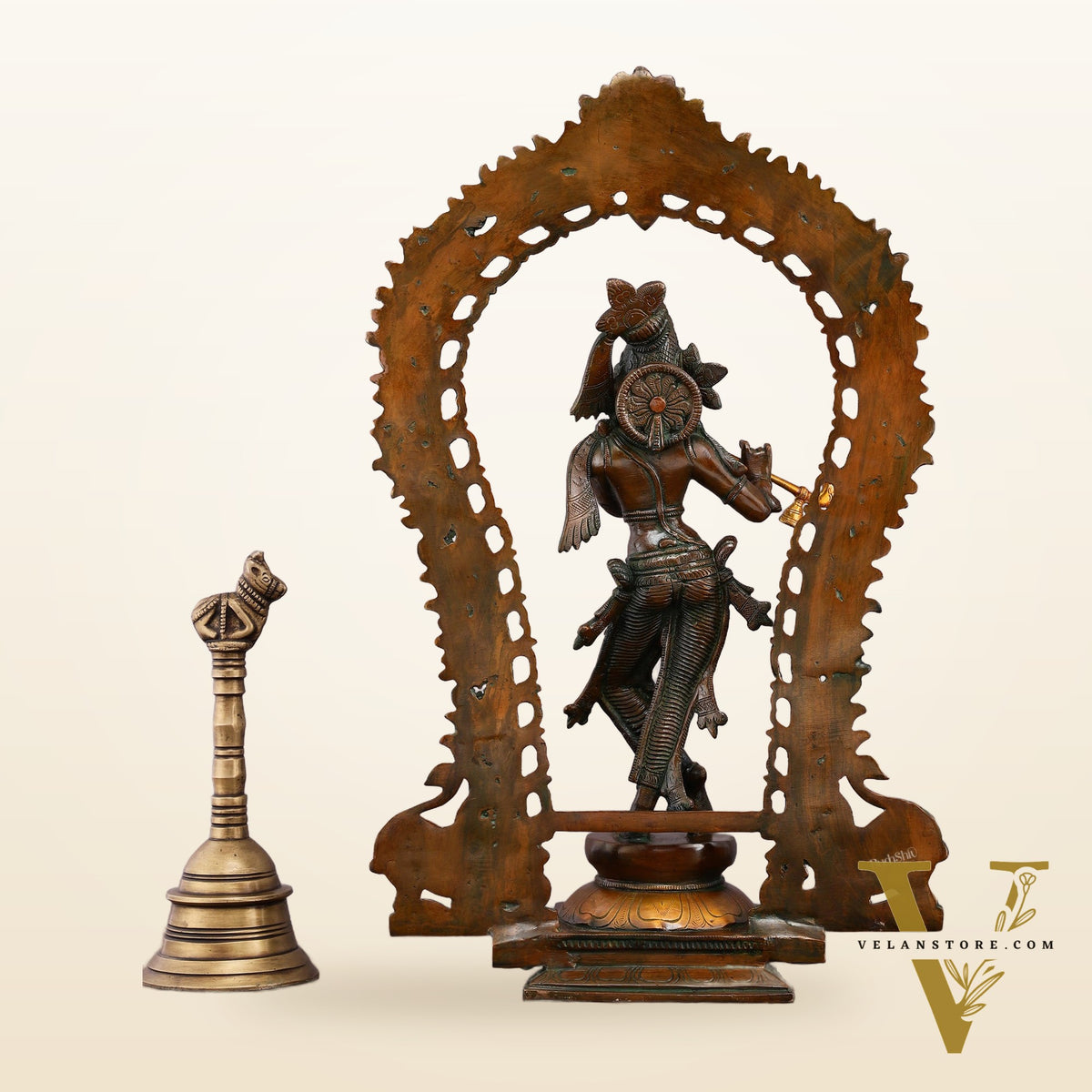 Rare Brass Lord Krishna with Prabhavali Majestic Sculpture 18"