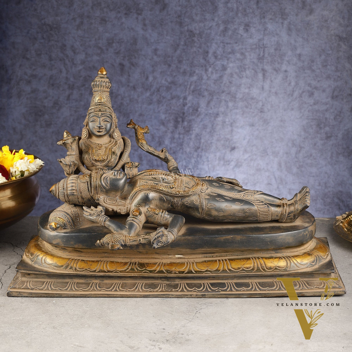 Rare Brass Lord Shiva Resting on parvatis lap statue 17.5 inch wide