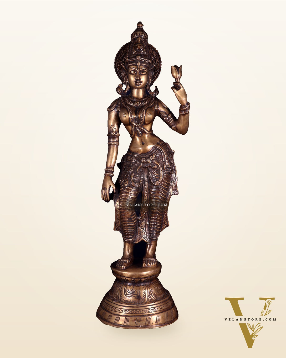 Rare Standing Lakshmi Brass Statue – Two Arms, Handcrafted Masterpiece 28.5 inch