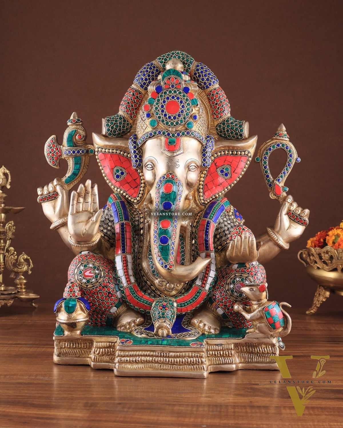 Rare Vinayaka Statue: Pure Brass Ganesha with stonework | 18 inch