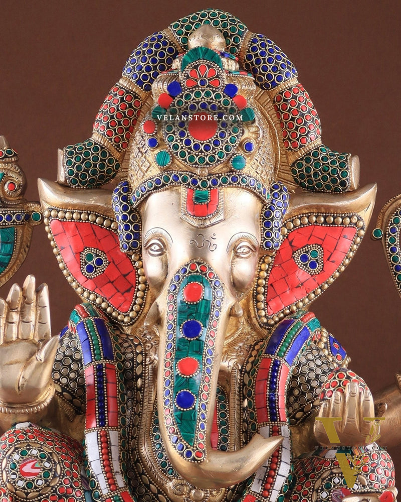 Rare Vinayaka Statue: Pure Brass Ganesha with stonework | 18 inch