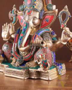 Rare Vinayaka Statue: Pure Brass Ganesha with stonework | 18 inch