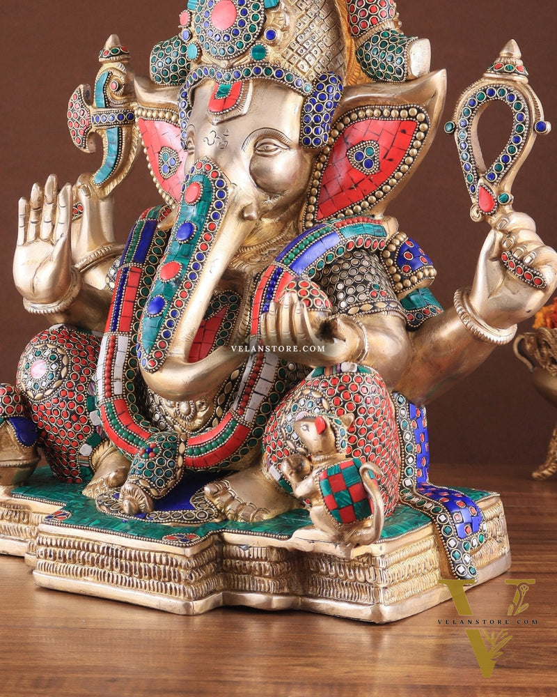 Rare Vinayaka Statue: Pure Brass Ganesha with stonework | 18 inch