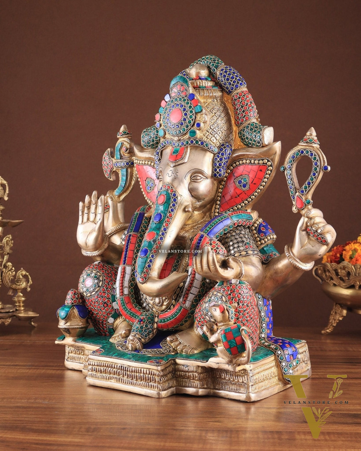 Rare Vinayaka Statue: Pure Brass Ganesha with stonework | 18 inch