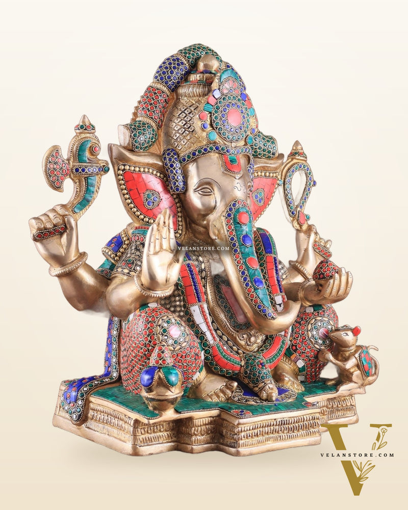 Rare Vinayaka Statue: Pure Brass Ganesha with stonework | 18 inch
