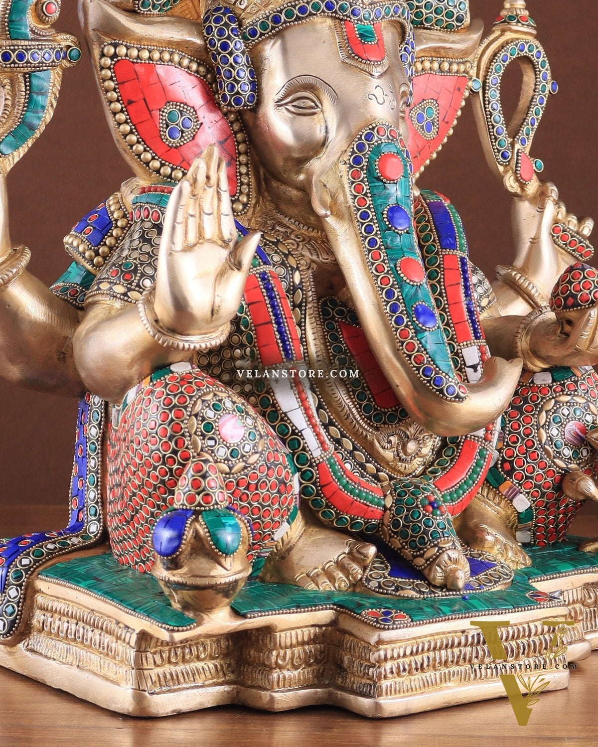 Rare Vinayaka Statue: Pure Brass Ganesha with stonework | 18 inch