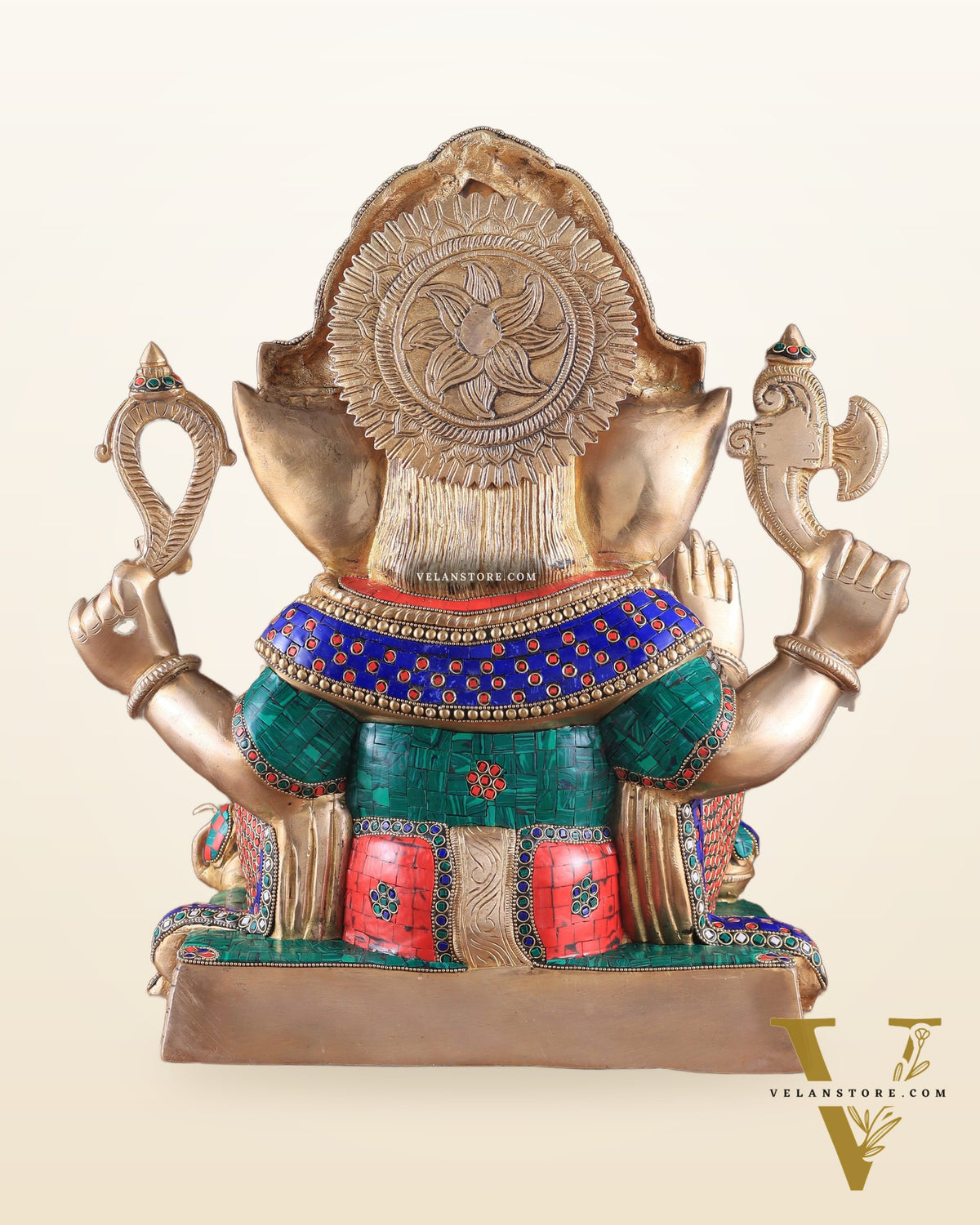 Rare Vinayaka Statue: Pure Brass Ganesha with stonework | 18 inch