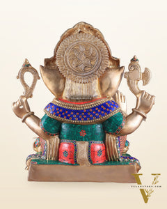 Rare Vinayaka Statue: Pure Brass Ganesha with stonework | 18 inch