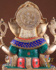Rare Vinayaka Statue: Pure Brass Ganesha with stonework | 18 inch