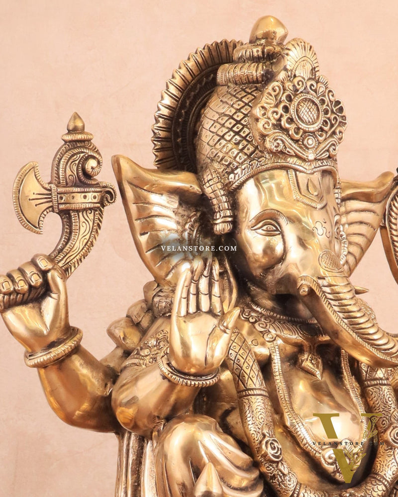 Rare Vinayaka Statue: Pure Brass with glossy Tone | 19 INCH