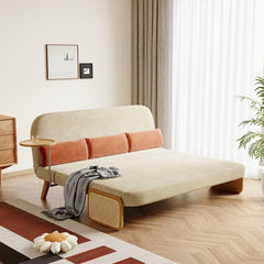 Mid-Century Beige Modern Rattan Daybed Full Folding Sofa Cum Bed, 3-Seater Convertible Sleeper Lounge Chair with Wooden Side Tray