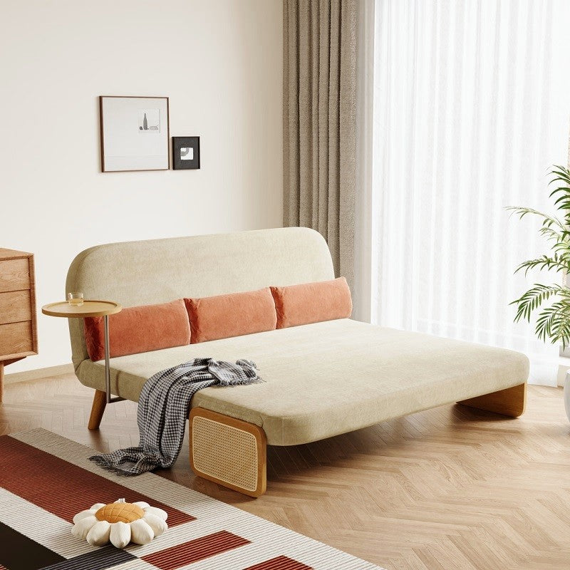 Mid-Century Beige Modern Rattan Daybed Full Folding Sofa Cum Bed, 3-Seater Convertible Sleeper Lounge Chair with Wooden Side Tray