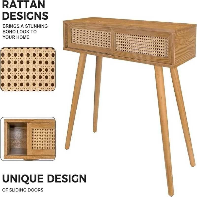 Rustic Boho Style Wooden Console Table with Rattan Sliding Drawers
