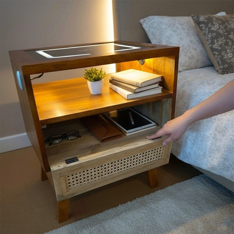 Smart Solid Wood Bedside Table with Wireless Charging Station, LED Light, Rattan Drawer & USB Ports for Bedroom & Living Room