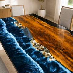 Handmade Blue Pebble Shore Ocean Wave Epoxy Resin Dining Table, Wooden Resin Coffee Table, Epoxy Beach Table, Layered Resin Wave Design with Realistic Water Movement Effect