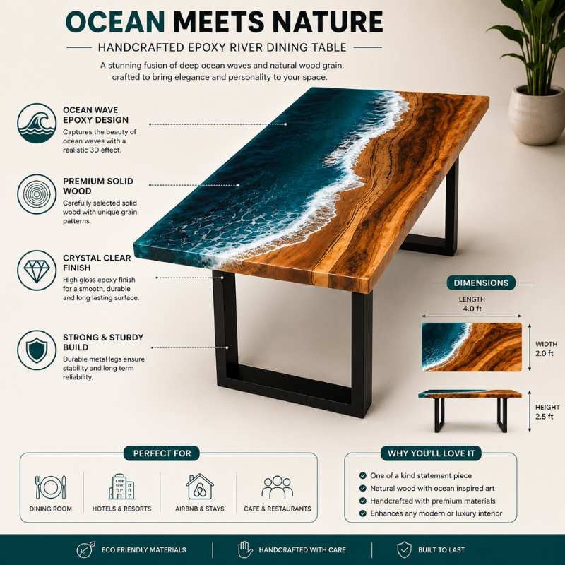 Live Edge Modern Ocean Beach Wave Epoxy Resin Dining Table with Black Metal Legs, Handmade Luxury Furniture Design, Custom Kitchen River Table