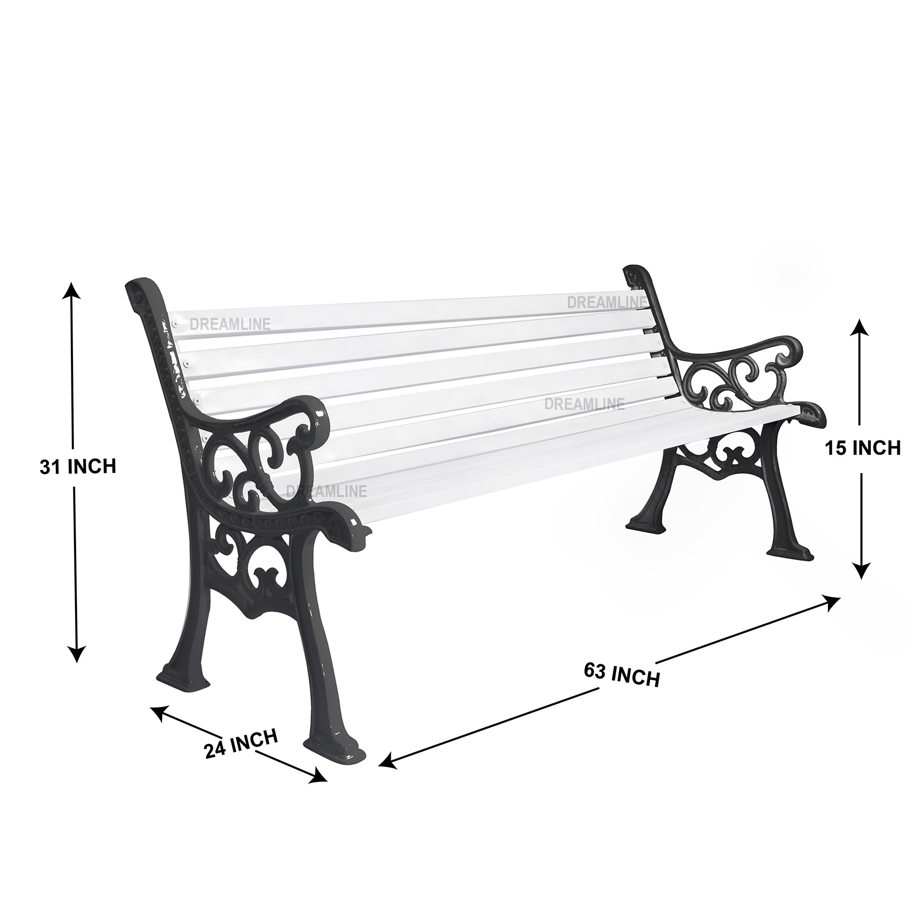Valor Cast Iron 3 Seater Garden Bench for Outdoor Park - (Black + White)