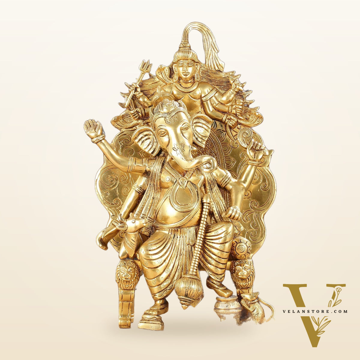 Regal Brass Superfine Lord Ganesha Statue on Singhasan Throne with Shiva - 16"