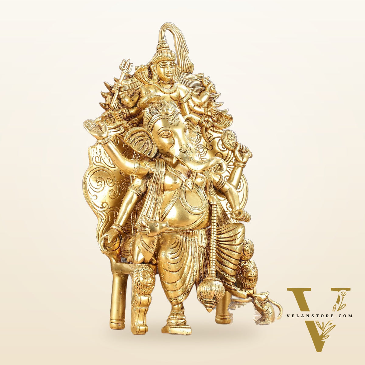 Regal Brass Superfine Lord Ganesha Statue on Singhasan Throne with Shiva - 16"