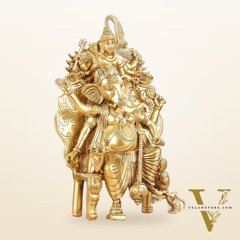 Regal Brass Superfine Lord Ganesha Statue on Singhasan Throne with Shiva - 16"
