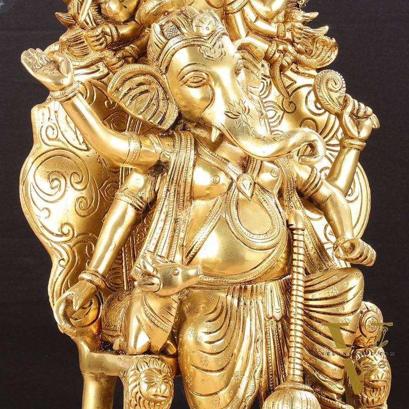 Regal Brass Superfine Lord Ganesha Statue on Singhasan Throne with Shiva - 16"