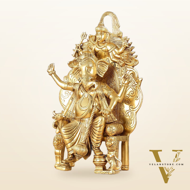 Regal Brass Superfine Lord Ganesha Statue on Singhasan Throne with Shiva - 16"
