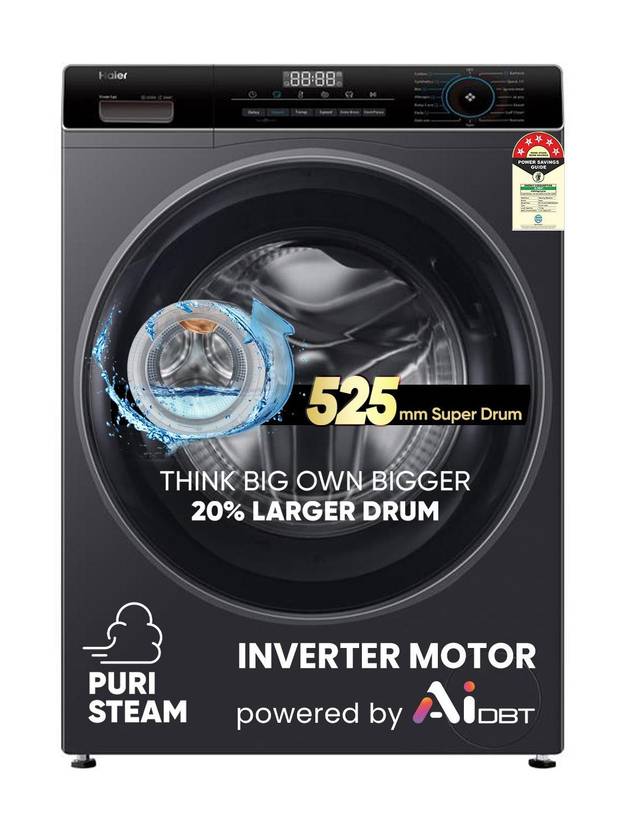 Haier 7 kg Powered by AI-DBT, Inverter Motor, Inbuilt Heater, 525 mm Super Drum Fully Automatic Front Load Washing Machine with In-built Heater Grey, (EFL70-IM12IBIES8)-1