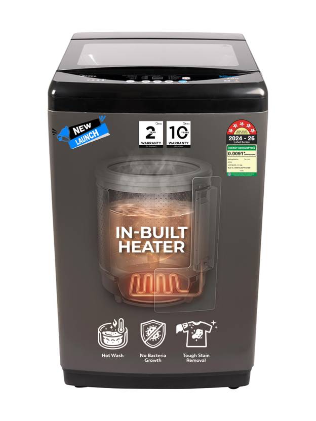 Midea 8 kg Fully Automatic Top Load Washing Machine with In-built Heater Black (MWMTL080FP1GHMB)