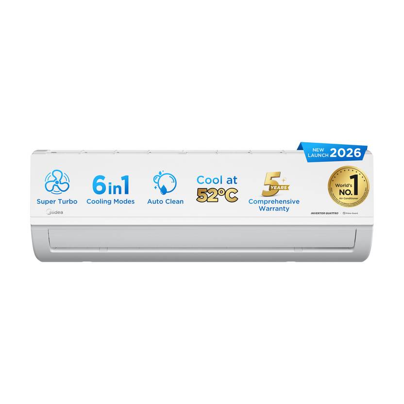 Midea 2026 Model 1.5 Ton 5 Star Split Inverter Convertible 6-in-1 with Auto Intelligence,Turbo Mode for Faster Cooling, Auto Defrost Clean and HD & (MAI18SR5R36F0, White)