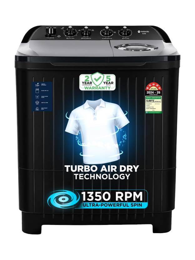 Motorola 8.5 kg with Turbo Air Dry and Hard Water Wash Semi Automatic Top Load Washing Machine Black (MTSA855NNNHBL)-1