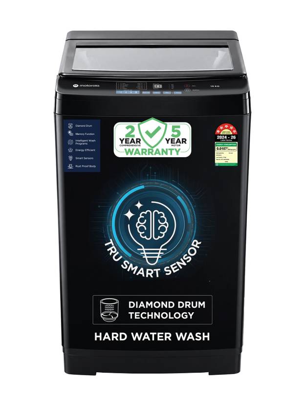 Motorola 10 kg with Smart Sensors & Hard Water Wash protection Fully Automatic Top Load Washing Machine Black (MTTL1005NNNDBL)