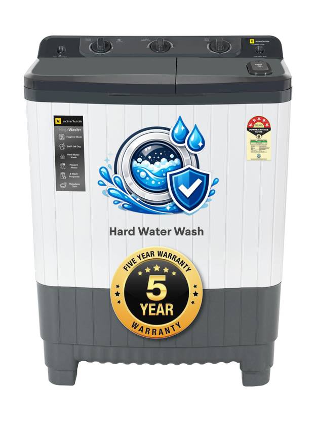 Realme TechLife 8 kg with Hard Water Wash Protection and Swift Jet Dry Semi Automatic Top Load Washing Machine Grey, White (RMSA805NNNDGR1)-1