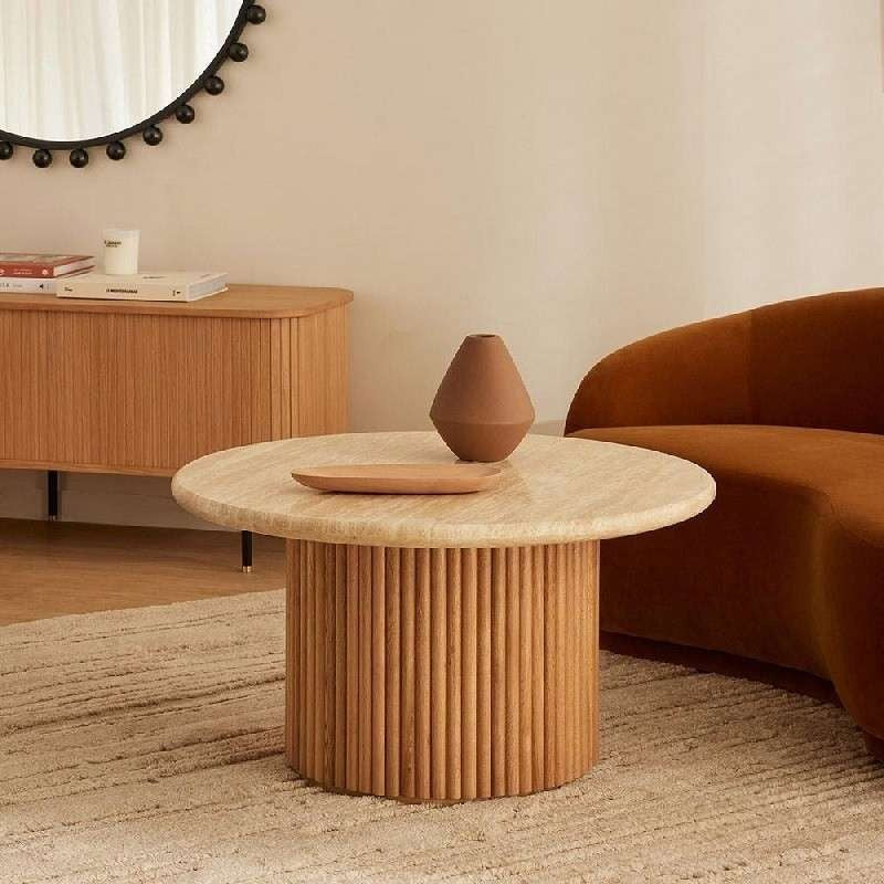 Roma White Round Marble Coffee Table with Ribbed Cylindrical Base – Luxury Living Room Furniture