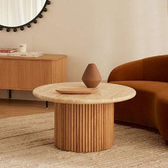Roma White Round Marble Coffee Table with Ribbed Cylindrical Base – Luxury Living Room Furniture