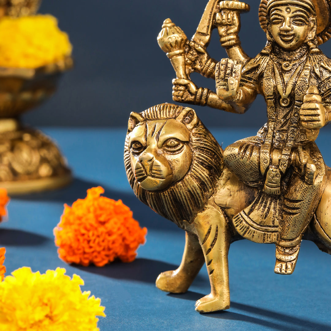 Brass Durga Idol Sitting On Loin (5.5 Inch)