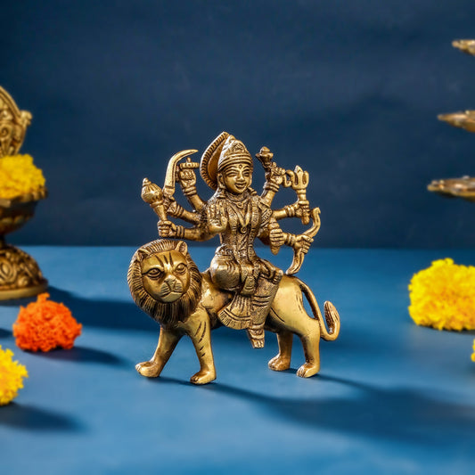 Brass Durga Idol Sitting On Loin (5.5 Inch)