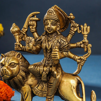 Brass Durga Idol Sitting On Loin (5.5 Inch)