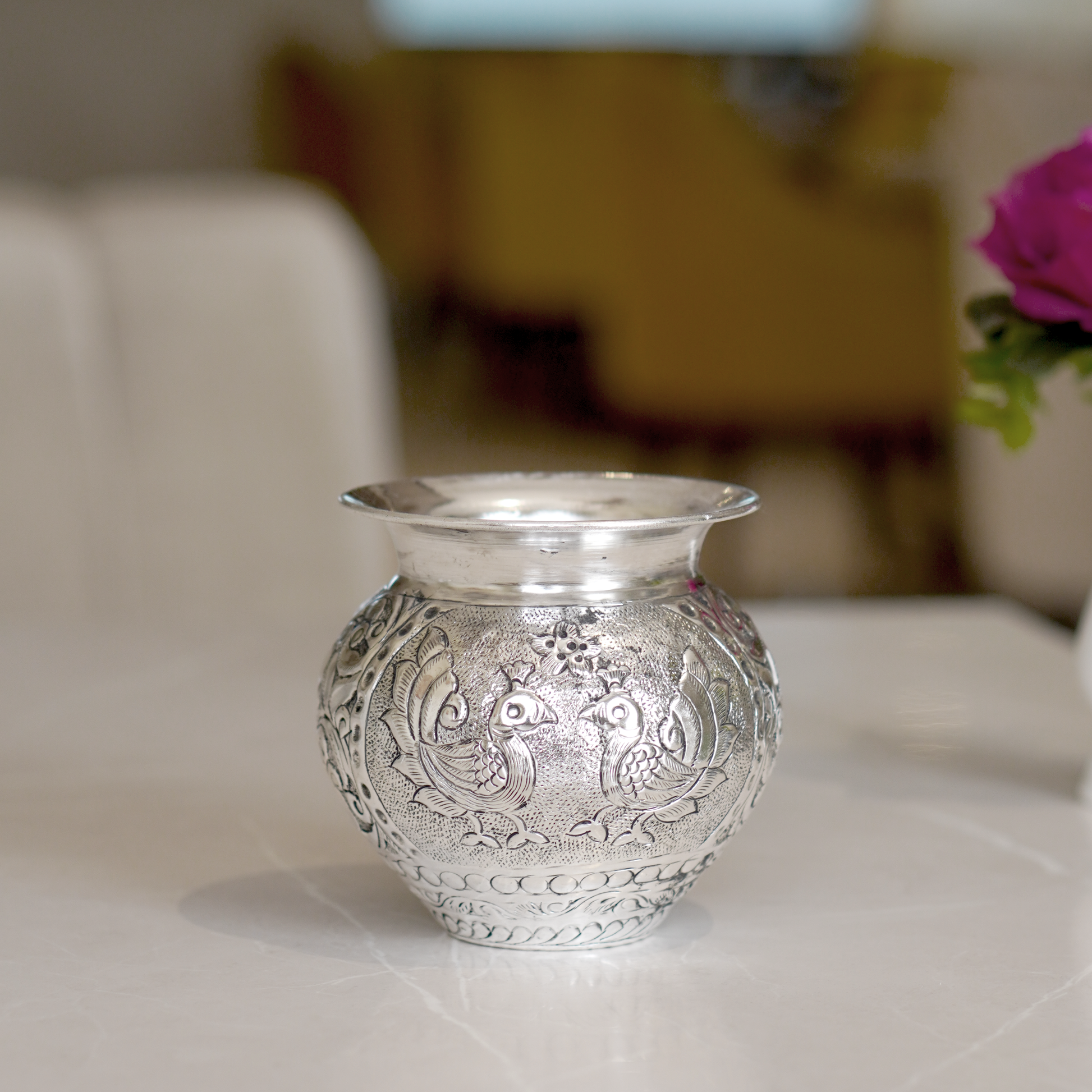 Brass Mayur Lota / Kalash with Silver Finish