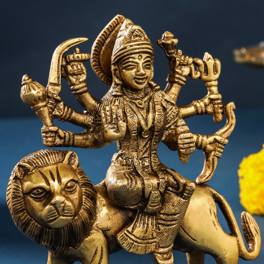 Brass Durga Idol Sitting On Loin (5.5 Inch)