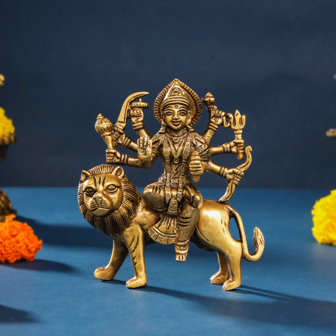 Brass Durga Idol Sitting On Loin (5.5 Inch)