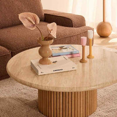 Roma White Round Marble Coffee Table with Ribbed Cylindrical Base – Luxury Living Room Furniture