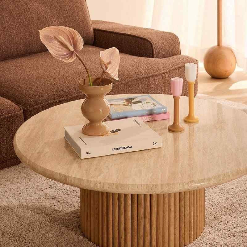 Roma White Round Marble Coffee Table with Ribbed Cylindrical Base – Luxury Living Room Furniture