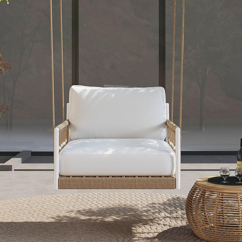 Ulek Single Seater Hanging Swing Without Stand For Balcony , Garden Swing (White + Tan) Braided & Rope